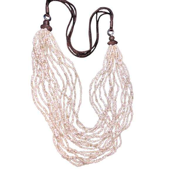 Beige Seed Beads Multi-strand 30" Necklace Wood Nylon String - Picture 1 of 8